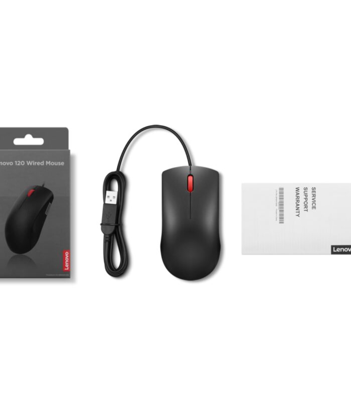Lenovo 120 Wired Plug & Play USB Mouse, High Resolution 1600 DPI Optical Sensor, 3-Button Design with clickable Scroll Wheel, Ambidextrous, Ergonomic Mouse for Comfortable All-Day Grip (GY51L52636)
