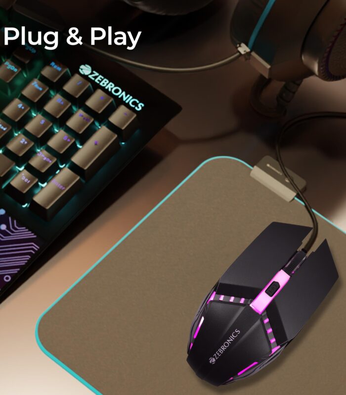 ZEBRONICS PHERO Wired Gaming Mouse with up to 1600 DPI, Rainbow LED Lights, DPI Switch, High Precision, Plug & Play, 4 Buttons