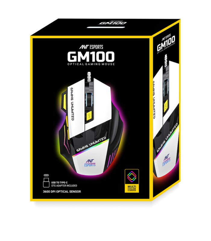 Ant Esports GM100 V2 Optical Gaming Mouse,7 Button Wired USB Mouse, 4000 FPS Sensor, 3600 DPI, RGB Lighting,1.5m PVC Cable, Ergonomic Design, for Windows PC, Laptop,Gaming & Office Use- Black & White