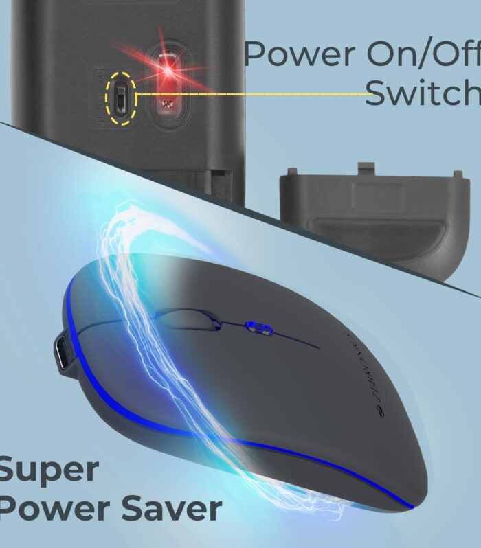 Zebronics Wireless Mouse, Dual Mode 2.4GHz + BT, Up to 1600 DPI, USB Nano Receiver, Lightweight Design, Multicolor LED Lights, Rechargeable Battery (Blanc, Grey)