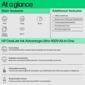 HP Ultra Ink Advantage 4929 WiFi Aill-in-One Colour Printer | Additional 2 Sets of Ink | 1 Year Warranty
